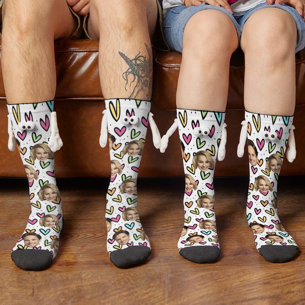 Custom Face Socks Funny Doll Mid Tube Socks Magnetic Holding Hands Socks Colorful Hearts Valentine's Day Gifts - My Photo Socks AU
