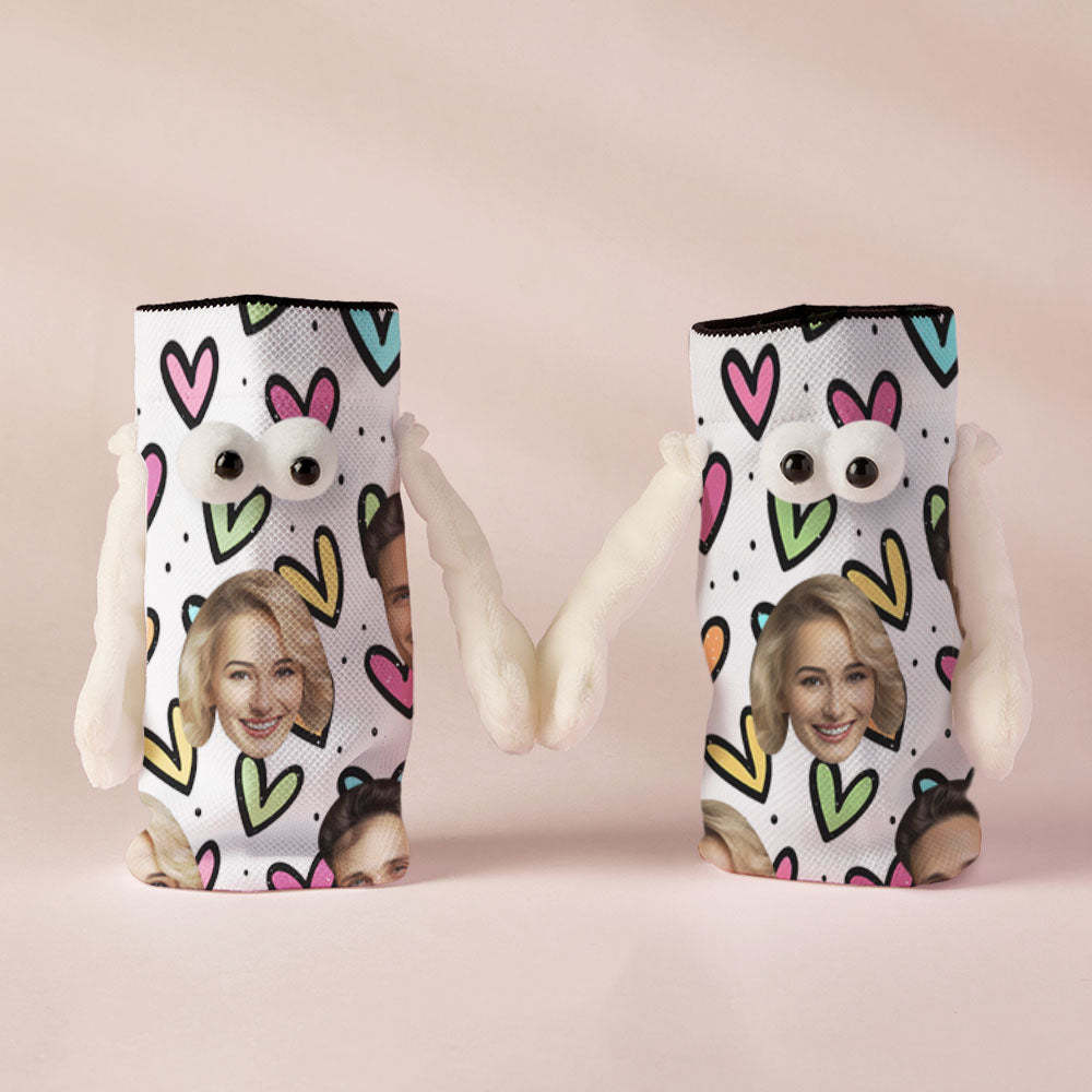 Custom Face Socks Funny Doll Mid Tube Socks Magnetic Holding Hands Socks Colorful Hearts Valentine's Day Gifts - My Photo Socks AU