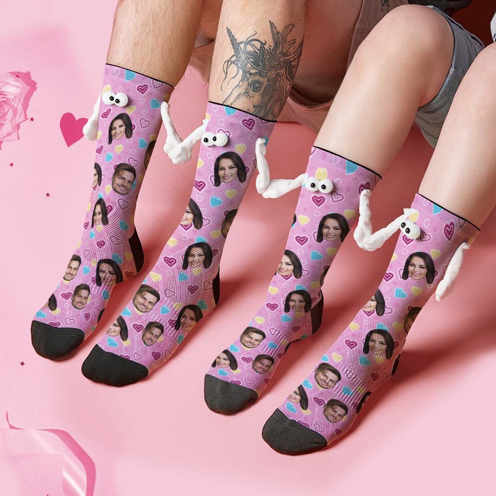Custom Face Socks Funny Doll Mid Tube Pink Socks Magnetic Holding Hands Socks Valentine's Day Gifts - My Photo Socks AU