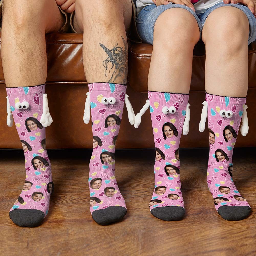 Custom Face Socks Funny Doll Mid Tube Pink Socks Magnetic Holding Hands Socks Valentine's Day Gifts - My Photo Socks AU