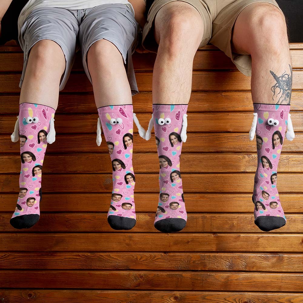 Custom Face Socks Funny Doll Mid Tube Pink Socks Magnetic Holding Hands Socks Valentine's Day Gifts - My Photo Socks AU