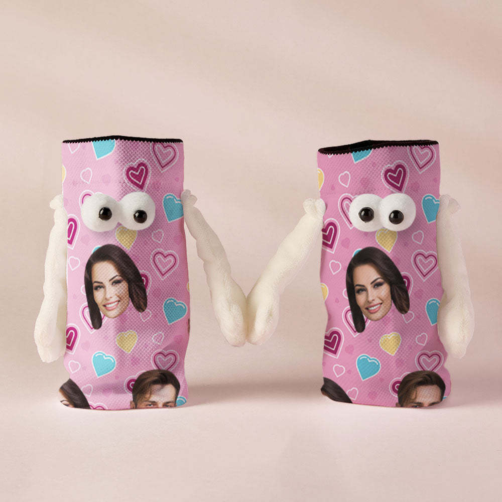Custom Face Socks Funny Doll Mid Tube Pink Socks Magnetic Holding Hands Socks Valentine's Day Gifts - My Photo Socks AU