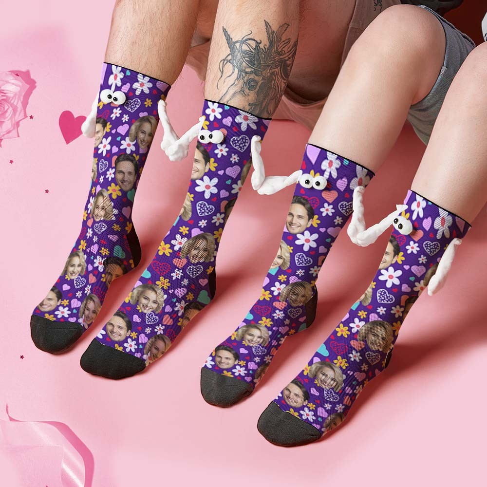 Custom Face Socks Funny Doll Mid Tube Purple Socks Magnetic Holding Hands Socks Little Daisy Valentine's Day Gifts - My Photo Socks AU