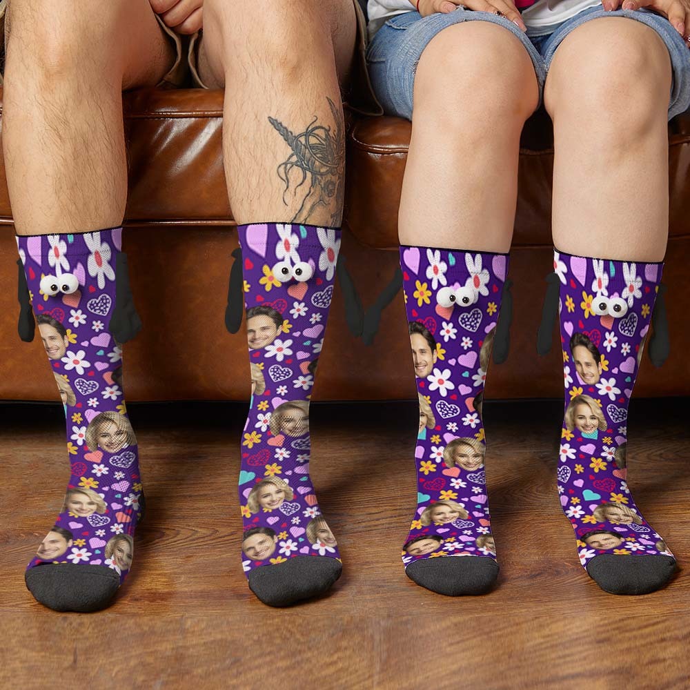 Custom Face Socks Funny Doll Mid Tube Purple Socks Magnetic Holding Hands Socks Little Daisy Valentine's Day Gifts - My Photo Socks AU