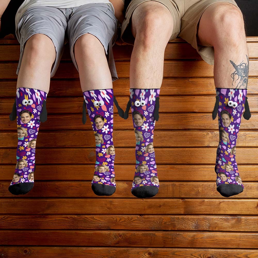 Custom Face Socks Funny Doll Mid Tube Purple Socks Magnetic Holding Hands Socks Little Daisy Valentine's Day Gifts - My Photo Socks AU