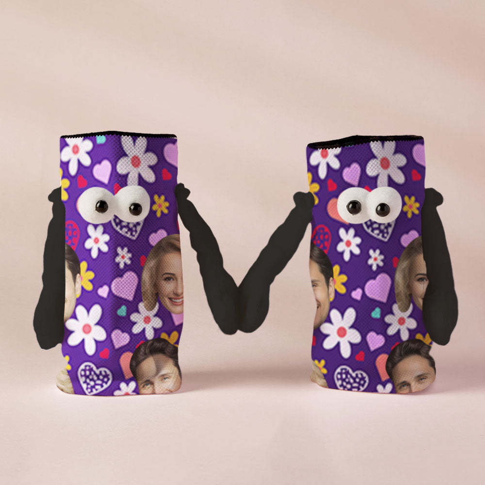 Custom Face Socks Funny Doll Mid Tube Purple Socks Magnetic Holding Hands Socks Little Daisy Valentine's Day Gifts - My Photo Socks AU