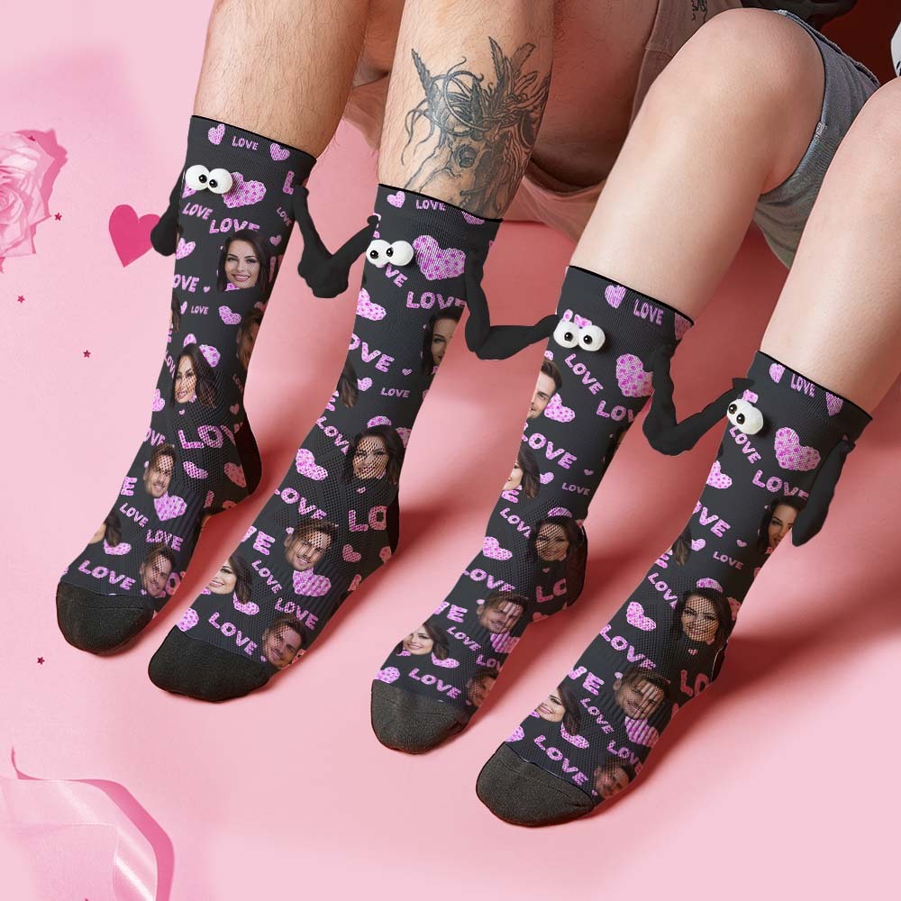 Custom Face Socks Funny Doll Mid Tube Black Socks Magnetic Holding Hands Socks Pink Love Valentine's Day Gifts - My Photo Socks AU