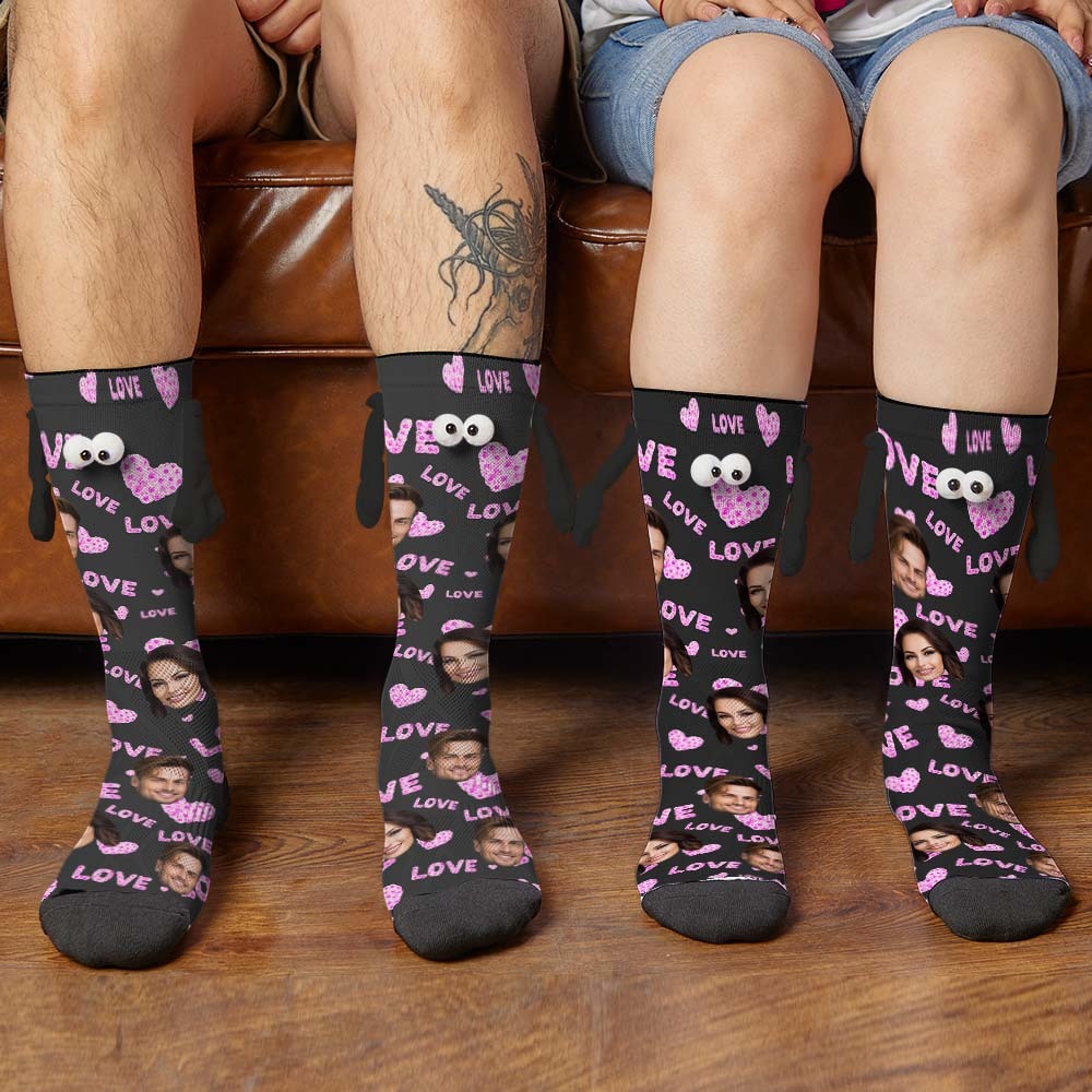 Custom Face Socks Funny Doll Mid Tube Black Socks Magnetic Holding Hands Socks Pink Love Valentine's Day Gifts - My Photo Socks AU