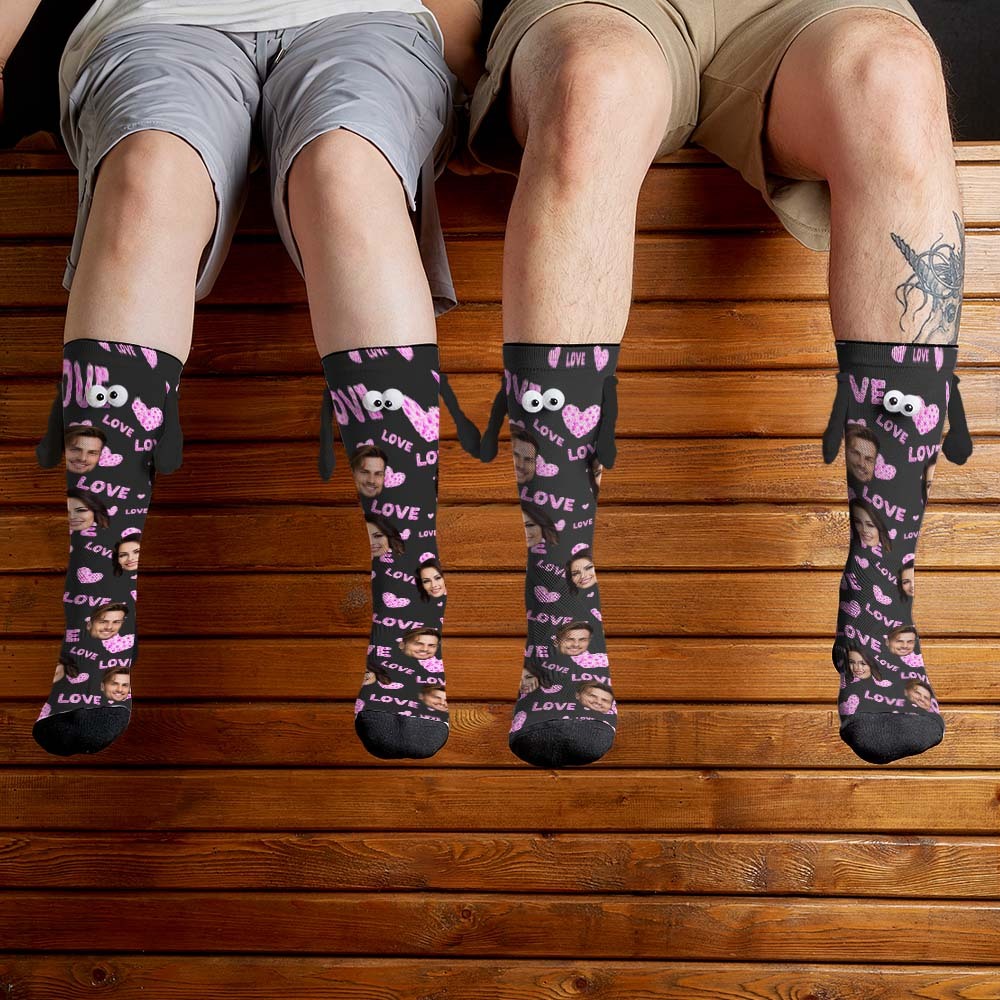 Custom Face Socks Funny Doll Mid Tube Black Socks Magnetic Holding Hands Socks Pink Love Valentine's Day Gifts - My Photo Socks AU