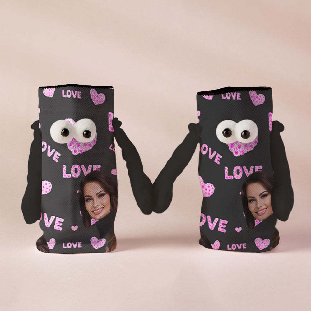 Custom Face Socks Funny Doll Mid Tube Black Socks Magnetic Holding Hands Socks Pink Love Valentine's Day Gifts - My Photo Socks AU