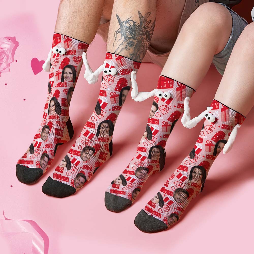 Custom Face Socks Funny Doll Mid Tube Red Socks Magnetic Holding Hands Socks Valentine's Day Gifts - My Photo Socks AU