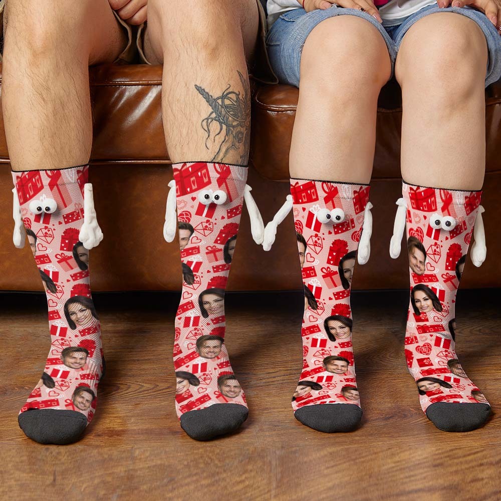 Custom Face Socks Funny Doll Mid Tube Red Socks Magnetic Holding Hands Socks Valentine's Day Gifts - My Photo Socks AU