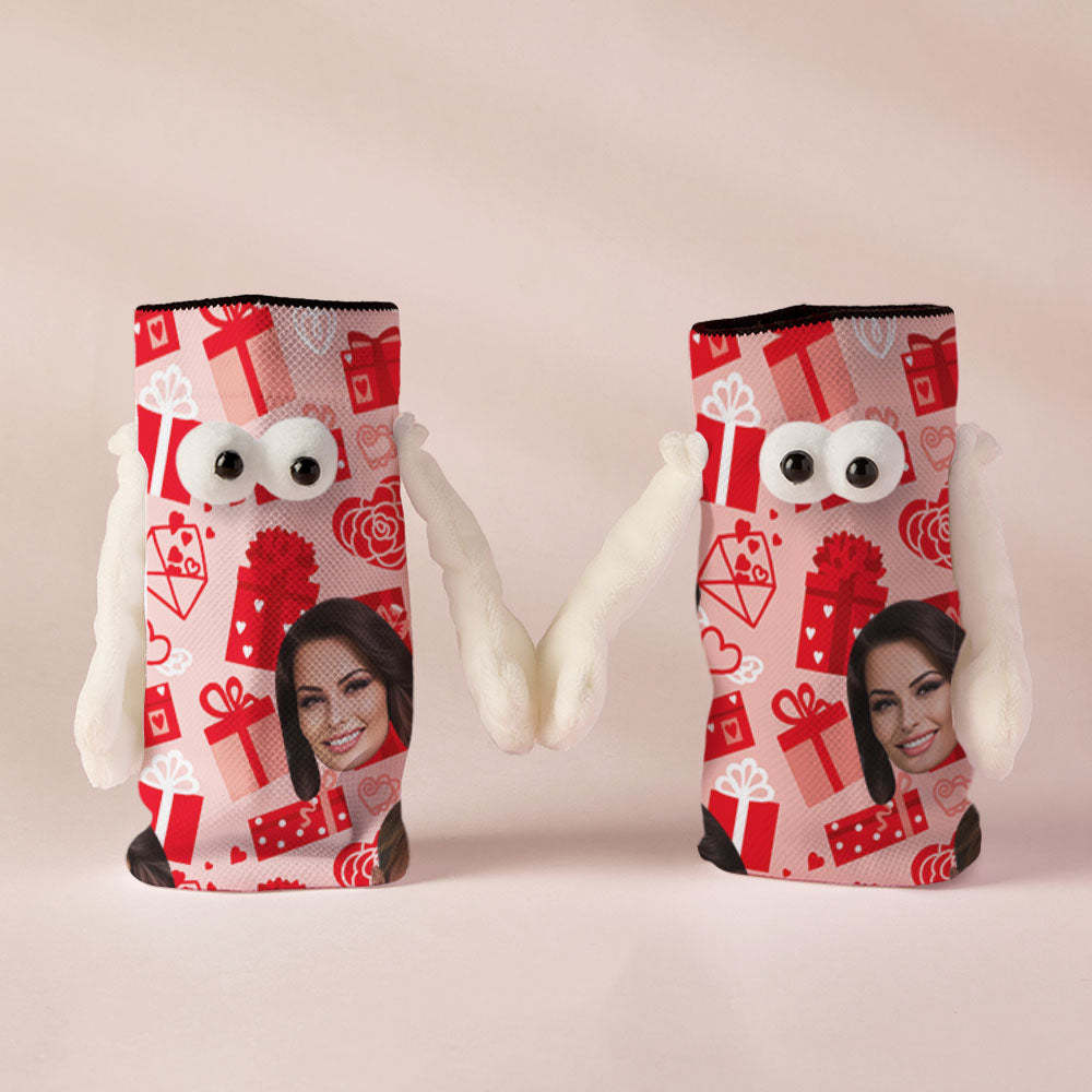 Custom Face Socks Funny Doll Mid Tube Red Socks Magnetic Holding Hands Socks Valentine's Day Gifts - My Photo Socks AU