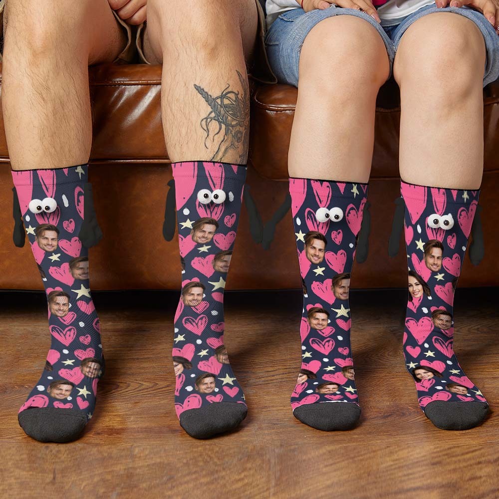 Custom Face Socks Funny Doll Mid Tube Socks Magnetic Holding Hands Socks Happy Valentine's Day - My Photo Socks AU