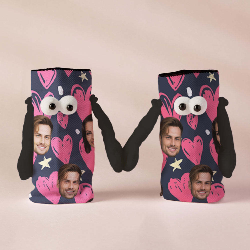 Custom Face Socks Funny Doll Mid Tube Socks Magnetic Holding Hands Socks Happy Valentine's Day - My Photo Socks AU