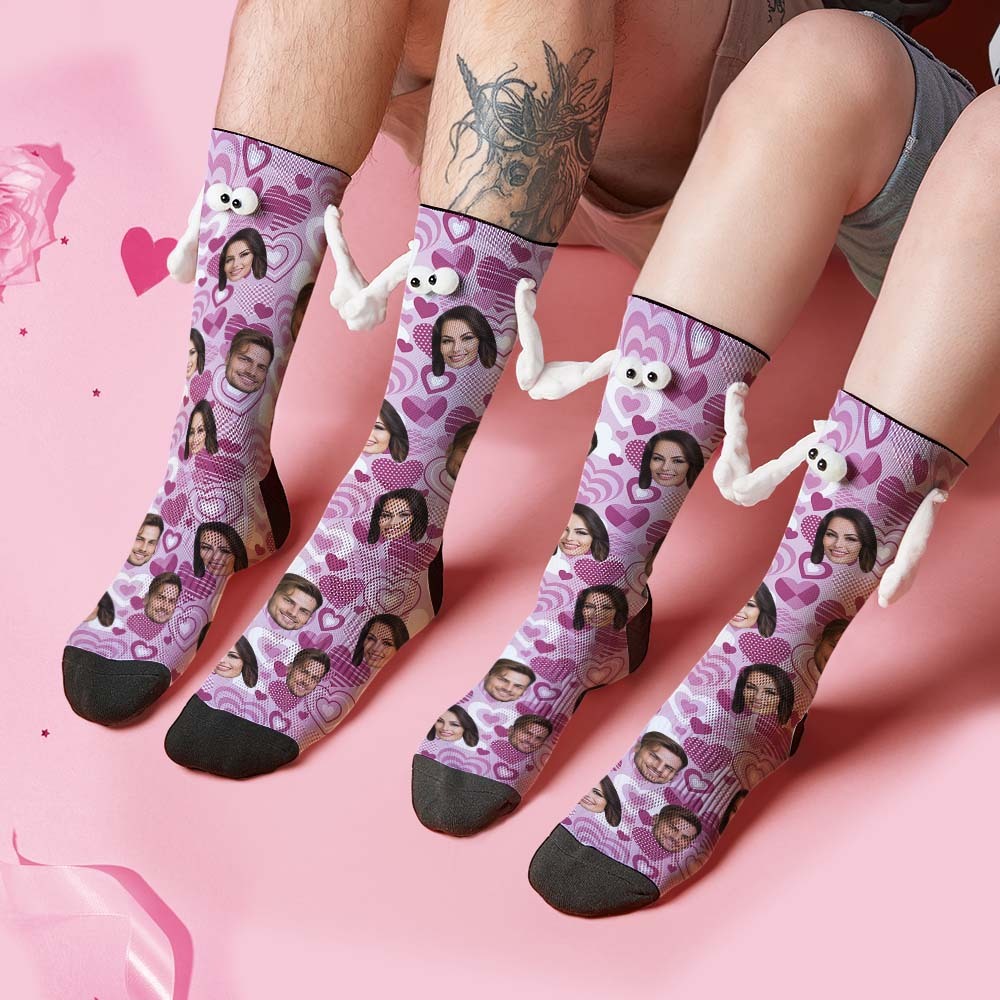 Custom Face Socks Funny Doll Mid Tube Socks Magnetic Holding Hands Socks Purple Heart Valentine's Day Gifts - My Photo Socks AU