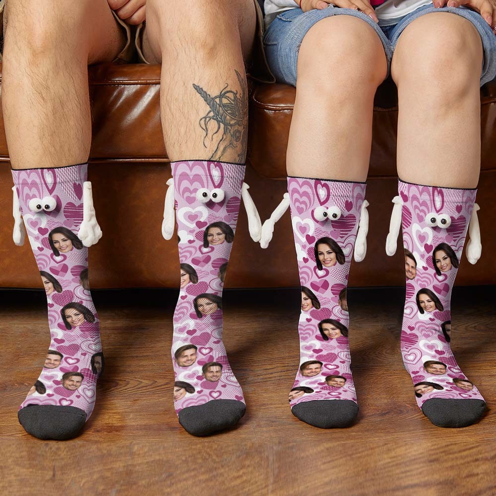 Custom Face Socks Funny Doll Mid Tube Socks Magnetic Holding Hands Socks Purple Heart Valentine's Day Gifts - My Photo Socks AU