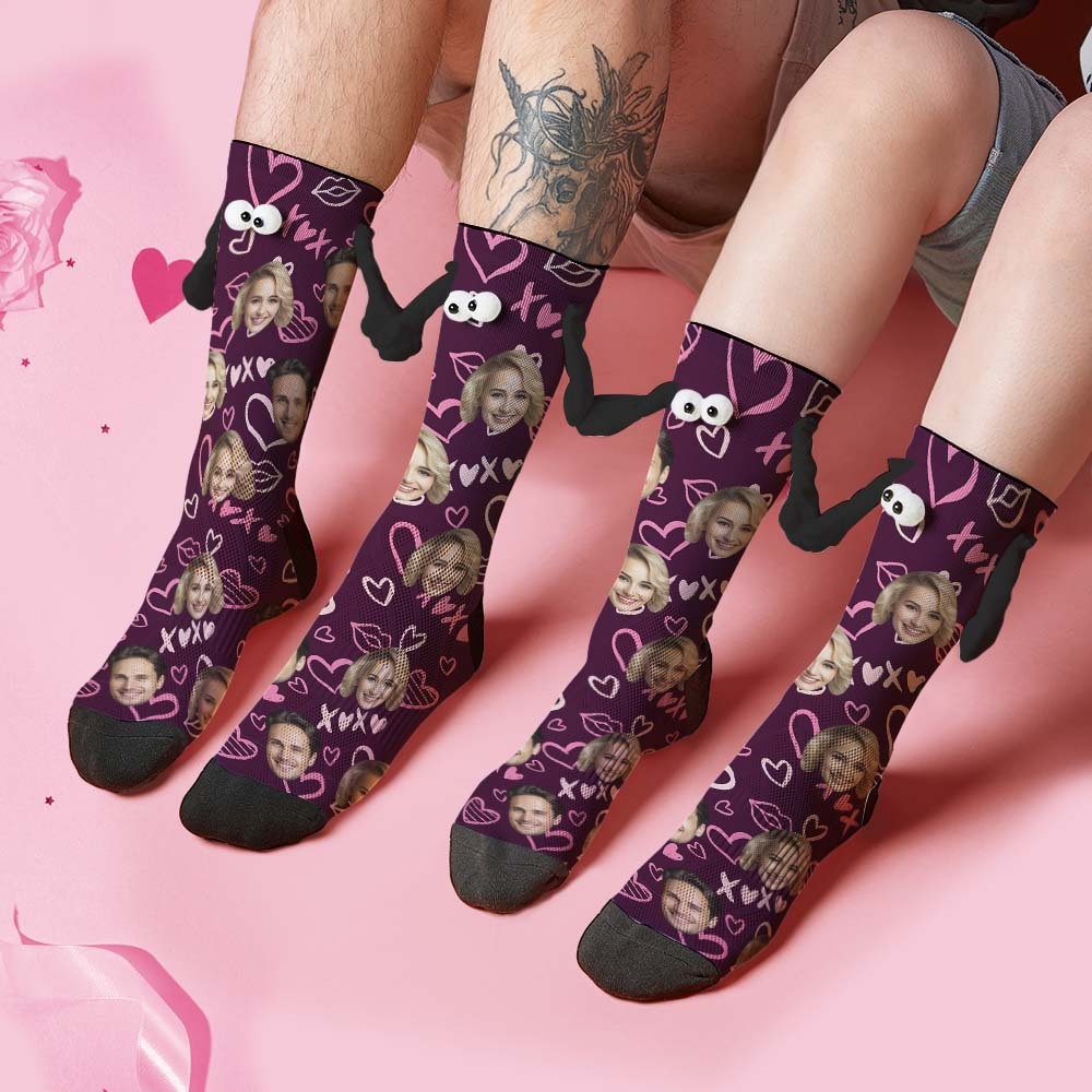 Custom Face Socks Funny Doll Mid Tube Socks Magnetic Holding Hands Socks XOXO Valentine's Day Gifts - My Photo Socks AU