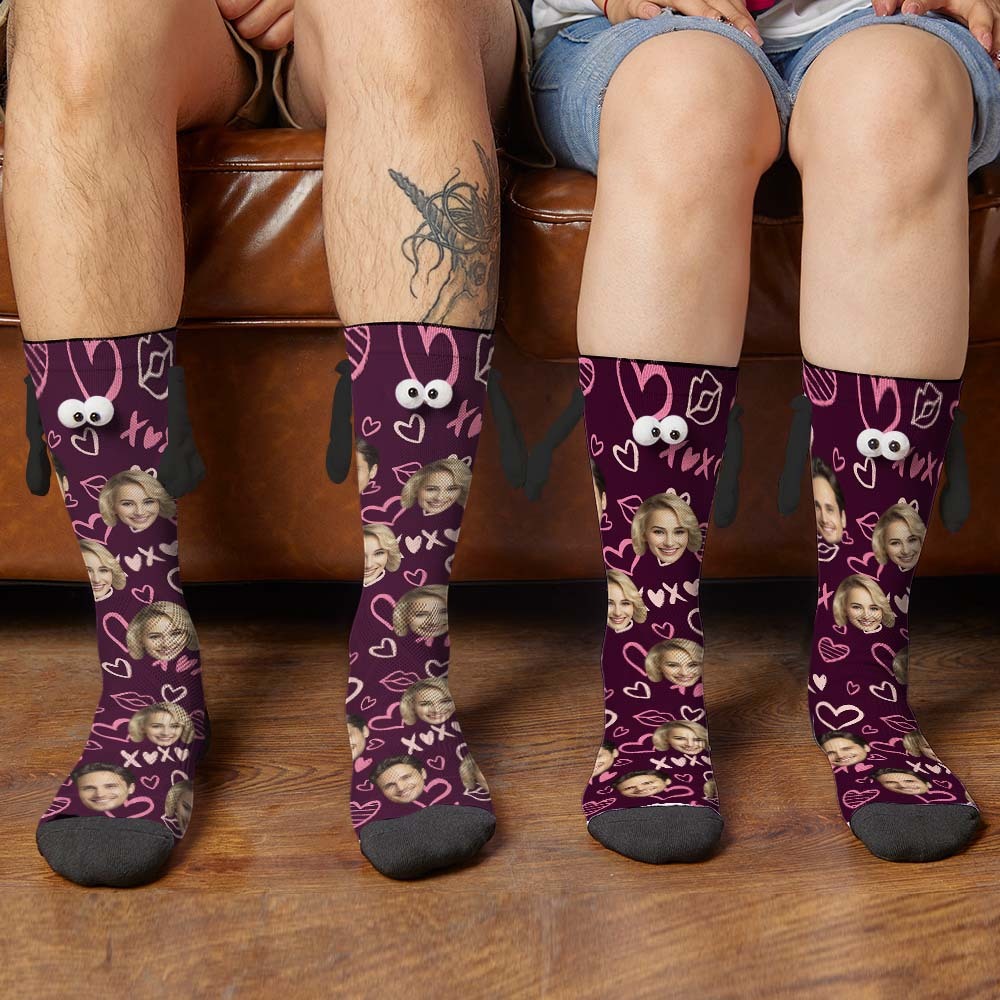 Custom Face Socks Funny Doll Mid Tube Socks Magnetic Holding Hands Socks XOXO Valentine's Day Gifts - My Photo Socks AU
