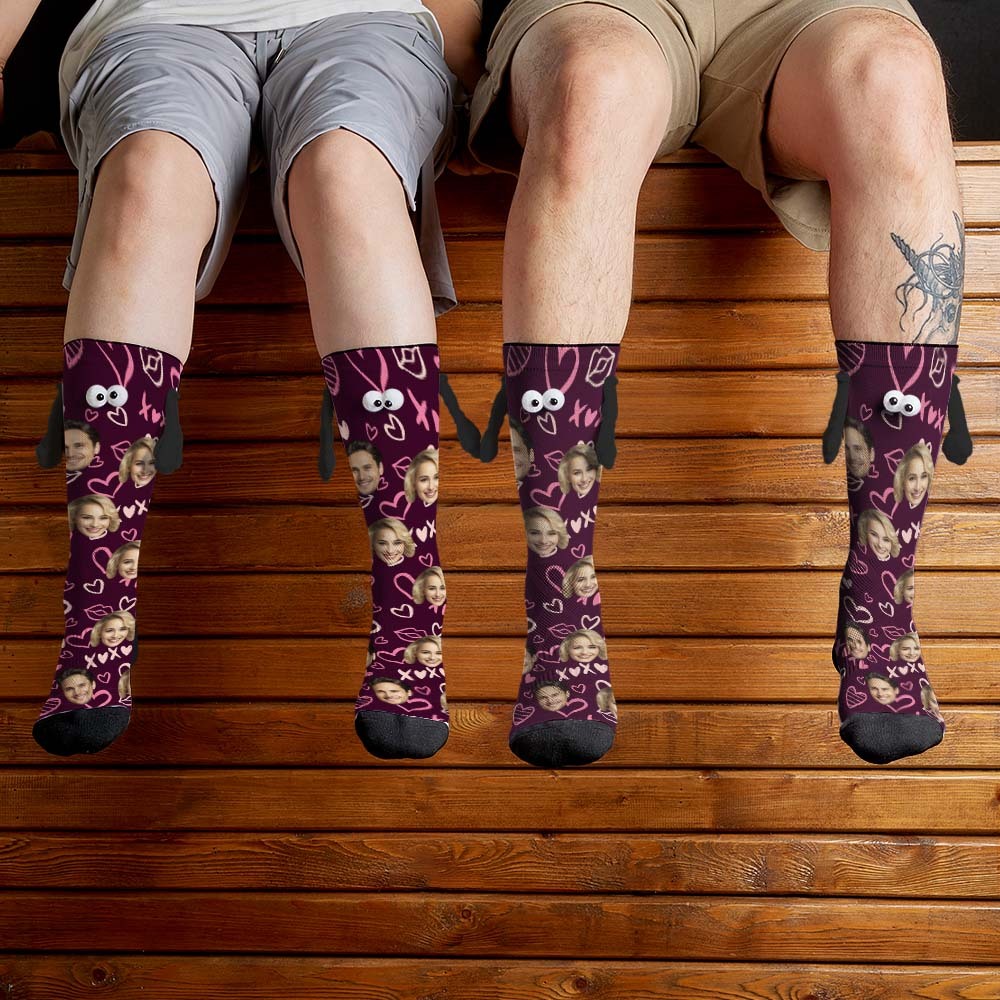 Custom Face Socks Funny Doll Mid Tube Socks Magnetic Holding Hands Socks XOXO Valentine's Day Gifts - My Photo Socks AU