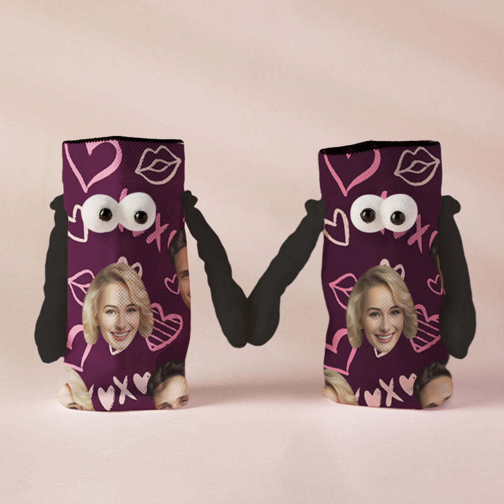 Custom Face Socks Funny Doll Mid Tube Socks Magnetic Holding Hands Socks XOXO Valentine's Day Gifts - My Photo Socks AU