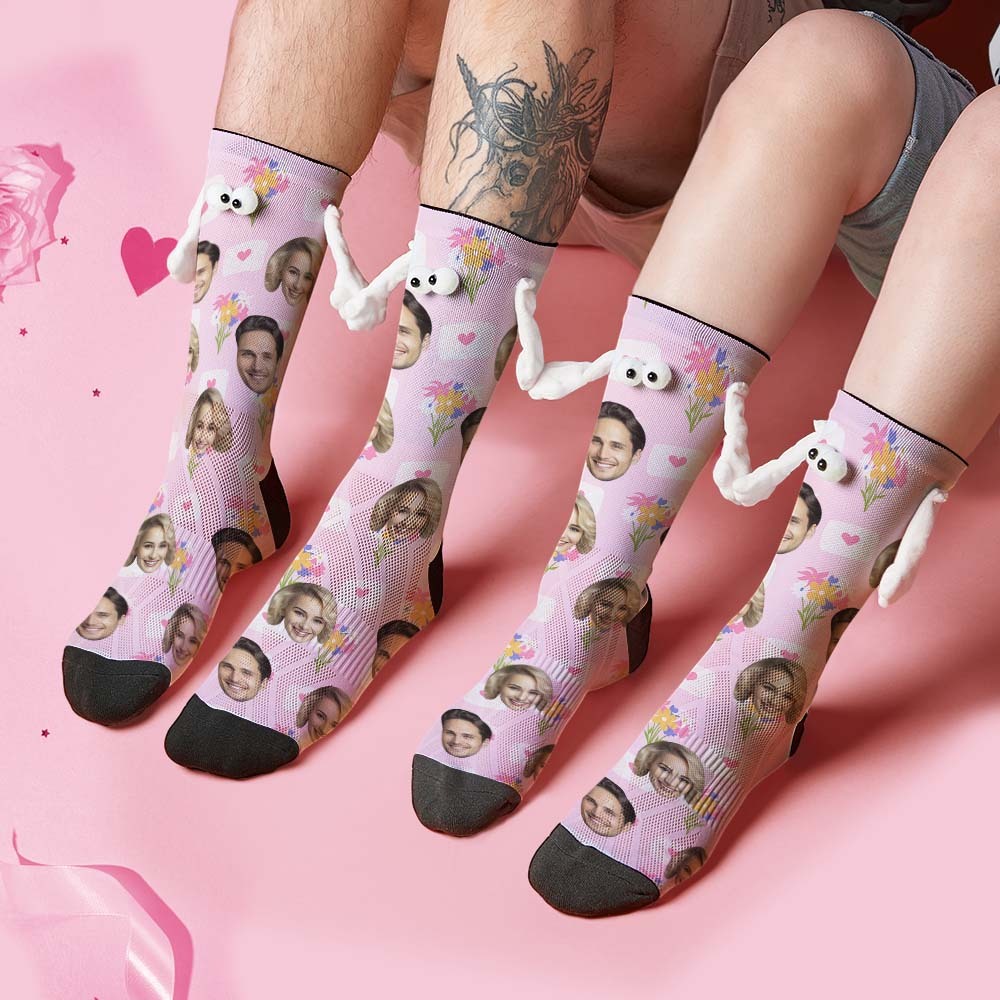 Custom Face Socks Funny Doll Mid Tube Socks Magnetic Holding Hands Socks Flower Valentine's Day Gifts - My Photo Socks AU