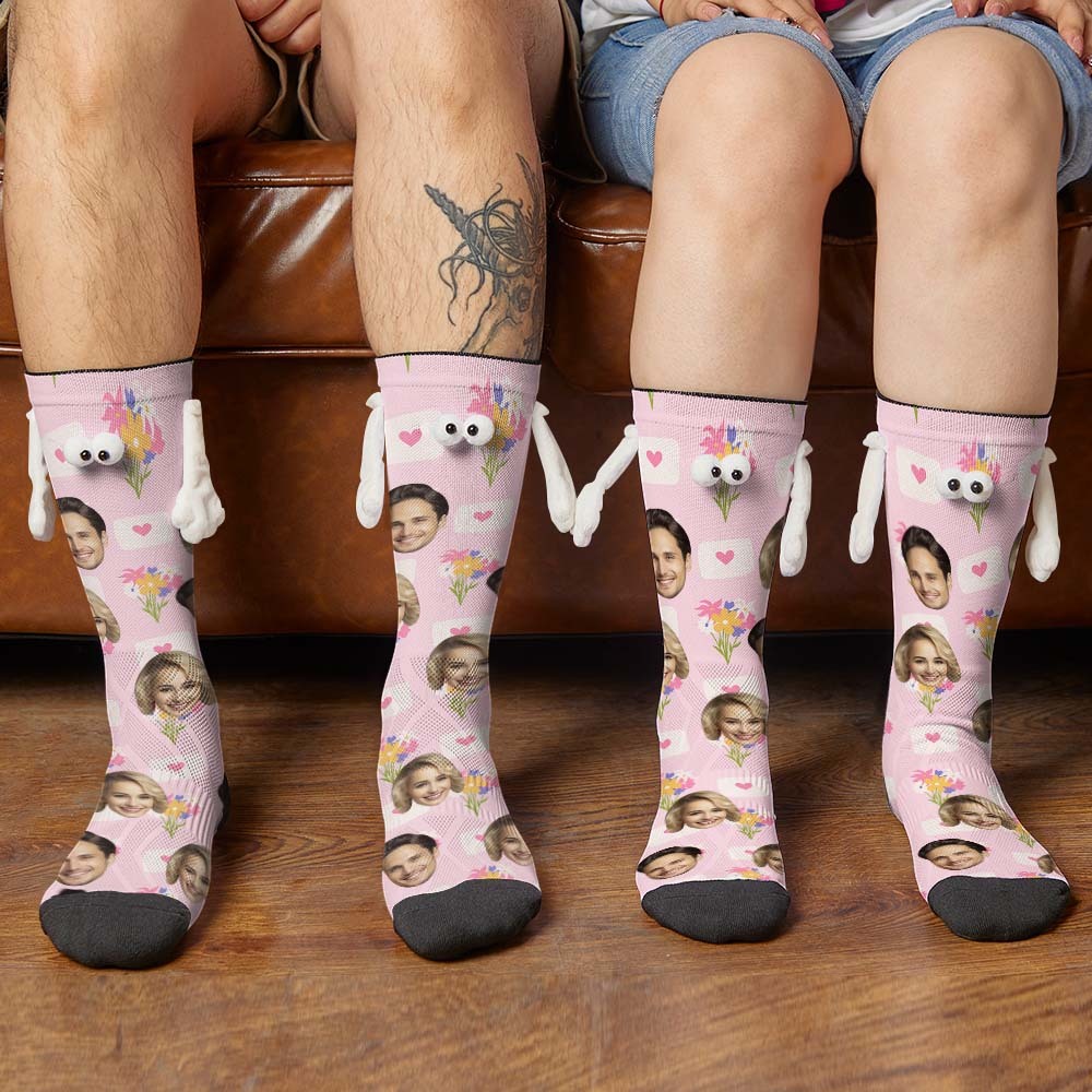 Custom Face Socks Funny Doll Mid Tube Socks Magnetic Holding Hands Socks Flower Valentine's Day Gifts - My Photo Socks AU