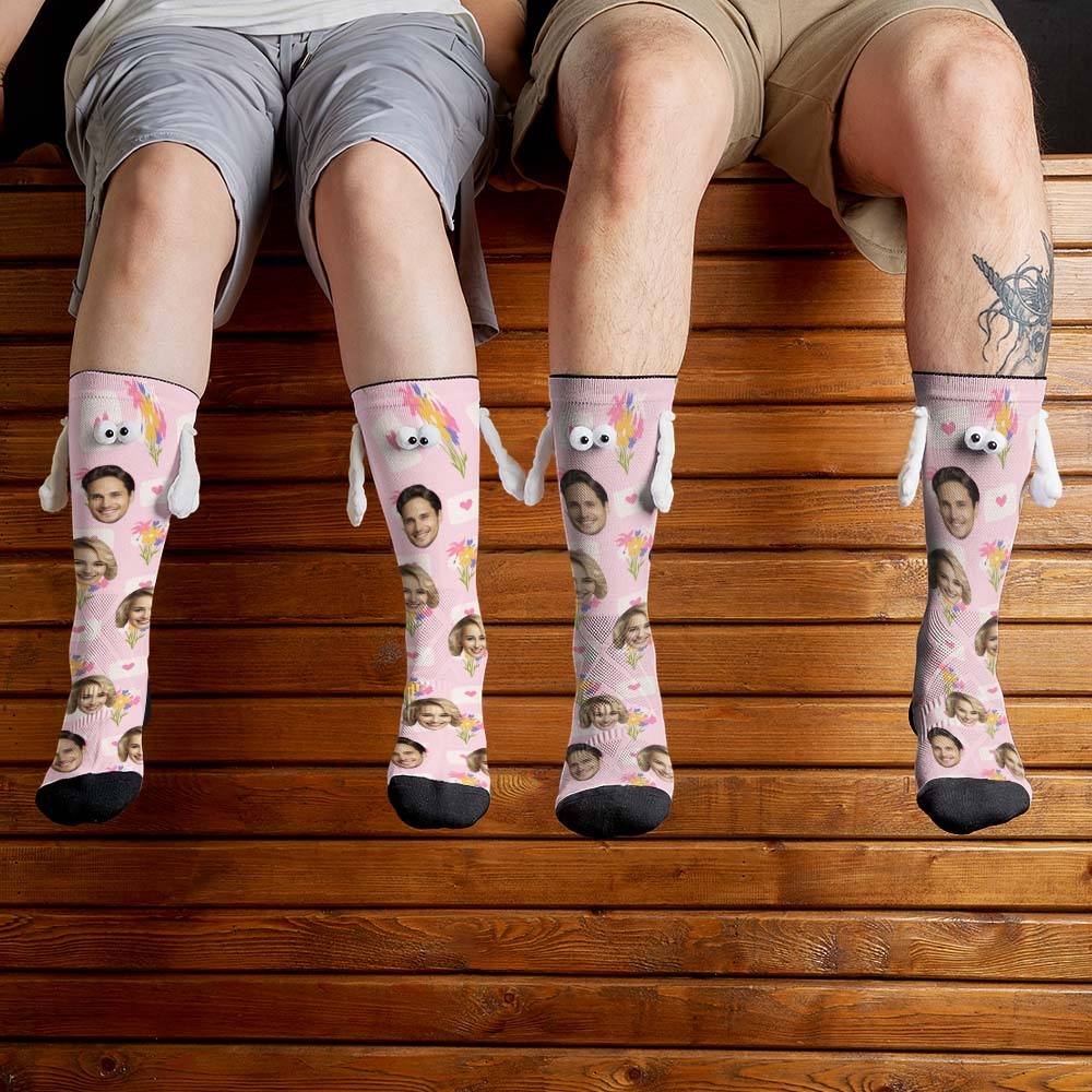 Custom Face Socks Funny Doll Mid Tube Socks Magnetic Holding Hands Socks Flower Valentine's Day Gifts - My Photo Socks AU
