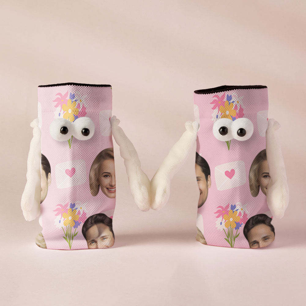 Custom Face Socks Funny Doll Mid Tube Socks Magnetic Holding Hands Socks Flower Valentine's Day Gifts - My Photo Socks AU