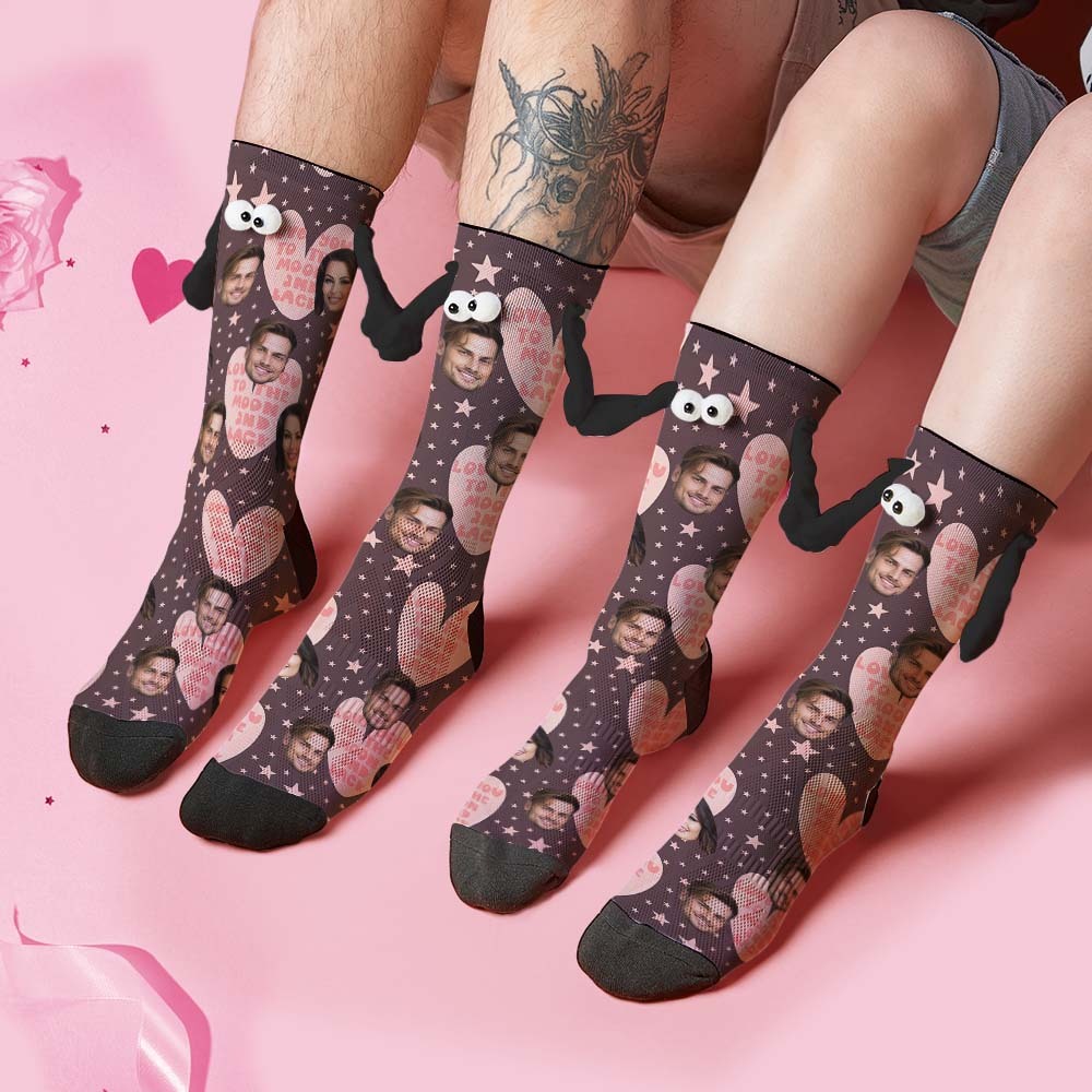 Custom Face Socks Funny Doll Mid Tube Socks Magnetic Holding Hands Socks Love You to The Moon And Back Valentine's Day Gifts - My Photo Socks AU