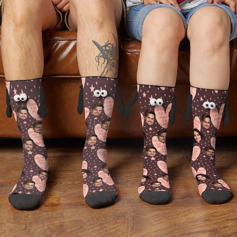 Custom Face Socks Funny Doll Mid Tube Socks Magnetic Holding Hands Socks Love You to The Moon And Back Valentine's Day Gifts - My Photo Socks AU