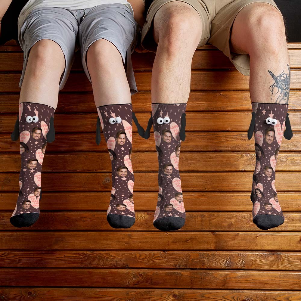 Custom Face Socks Funny Doll Mid Tube Socks Magnetic Holding Hands Socks Love You to The Moon And Back Valentine's Day Gifts - My Photo Socks AU