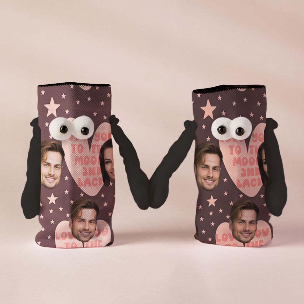 Custom Face Socks Funny Doll Mid Tube Socks Magnetic Holding Hands Socks Love You to The Moon And Back Valentine's Day Gifts - My Photo Socks AU