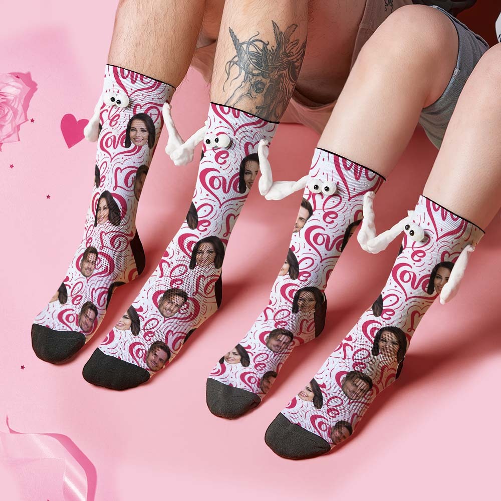 Custom Face Socks Funny Doll Mid Tube Socks Magnetic Holding Hands Socks Love Heart Valentine's Day Gifts - My Photo Socks AU