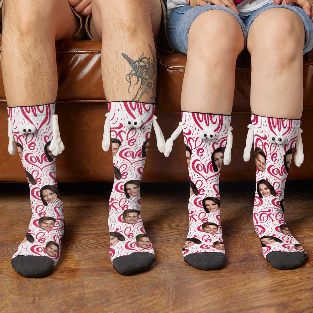 Custom Face Socks Funny Doll Mid Tube Socks Magnetic Holding Hands Socks Love Heart Valentine's Day Gifts - My Photo Socks AU