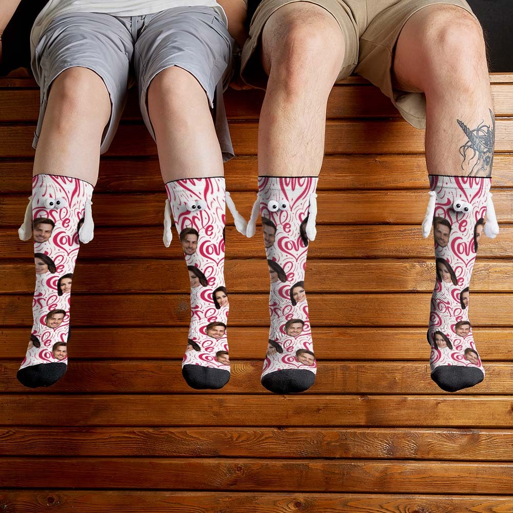 Custom Face Socks Funny Doll Mid Tube Socks Magnetic Holding Hands Socks Love Heart Valentine's Day Gifts - My Photo Socks AU