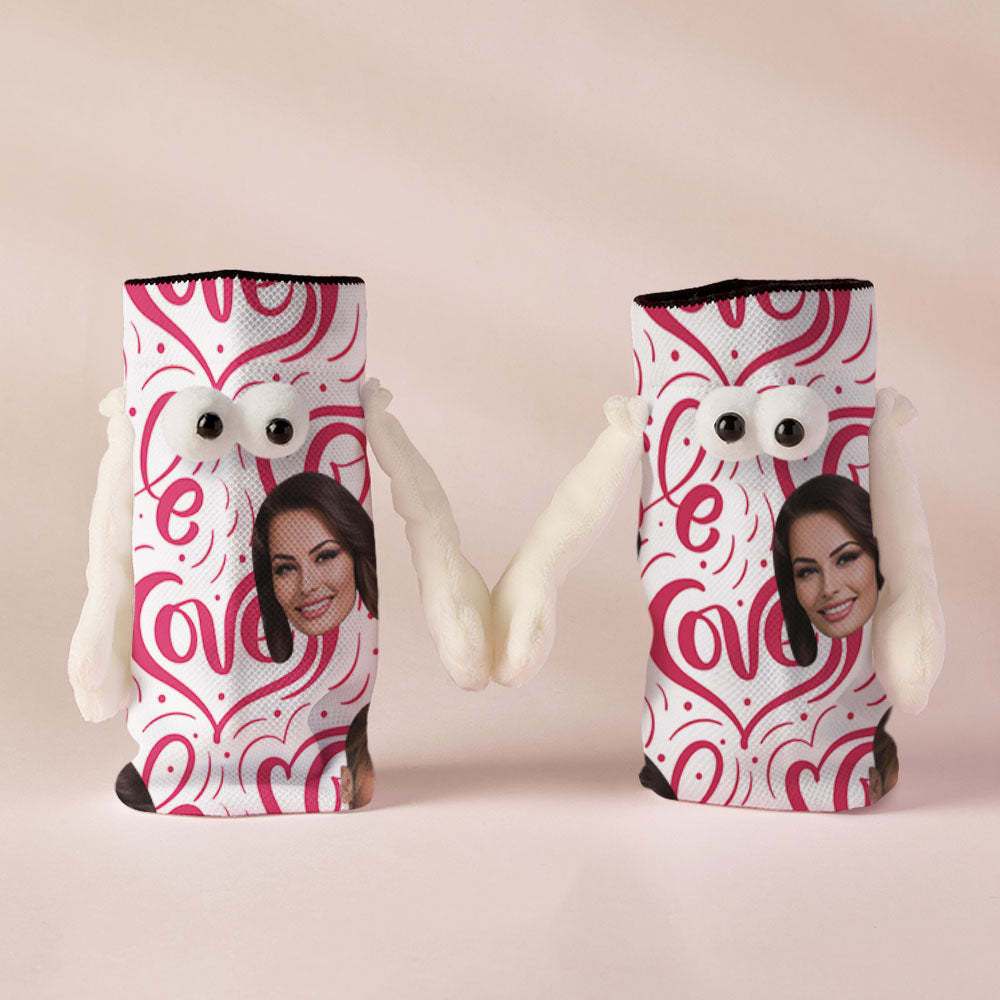Custom Face Socks Funny Doll Mid Tube Socks Magnetic Holding Hands Socks Love Heart Valentine's Day Gifts - My Photo Socks AU