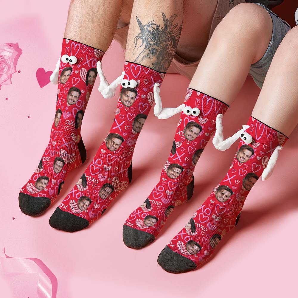 Custom Face Socks Funny Doll Mid Tube Red Socks Magnetic Holding Hands Socks XOXO Valentine's Day Gifts - My Photo Socks AU