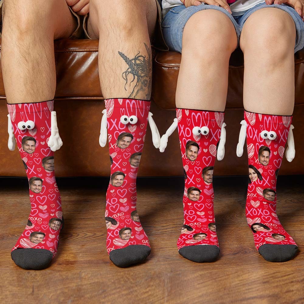 Custom Face Socks Funny Doll Mid Tube Red Socks Magnetic Holding Hands Socks XOXO Valentine's Day Gifts - My Photo Socks AU