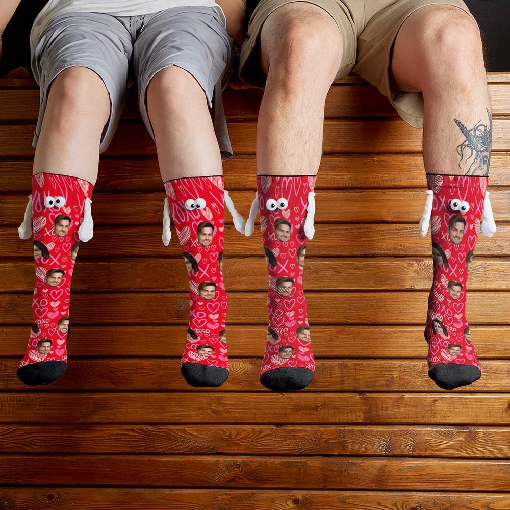 Custom Face Socks Funny Doll Mid Tube Red Socks Magnetic Holding Hands Socks XOXO Valentine's Day Gifts - My Photo Socks AU
