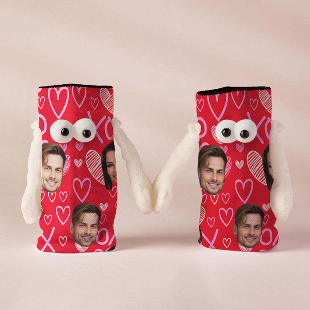 Custom Face Socks Funny Doll Mid Tube Red Socks Magnetic Holding Hands Socks XOXO Valentine's Day Gifts - My Photo Socks AU