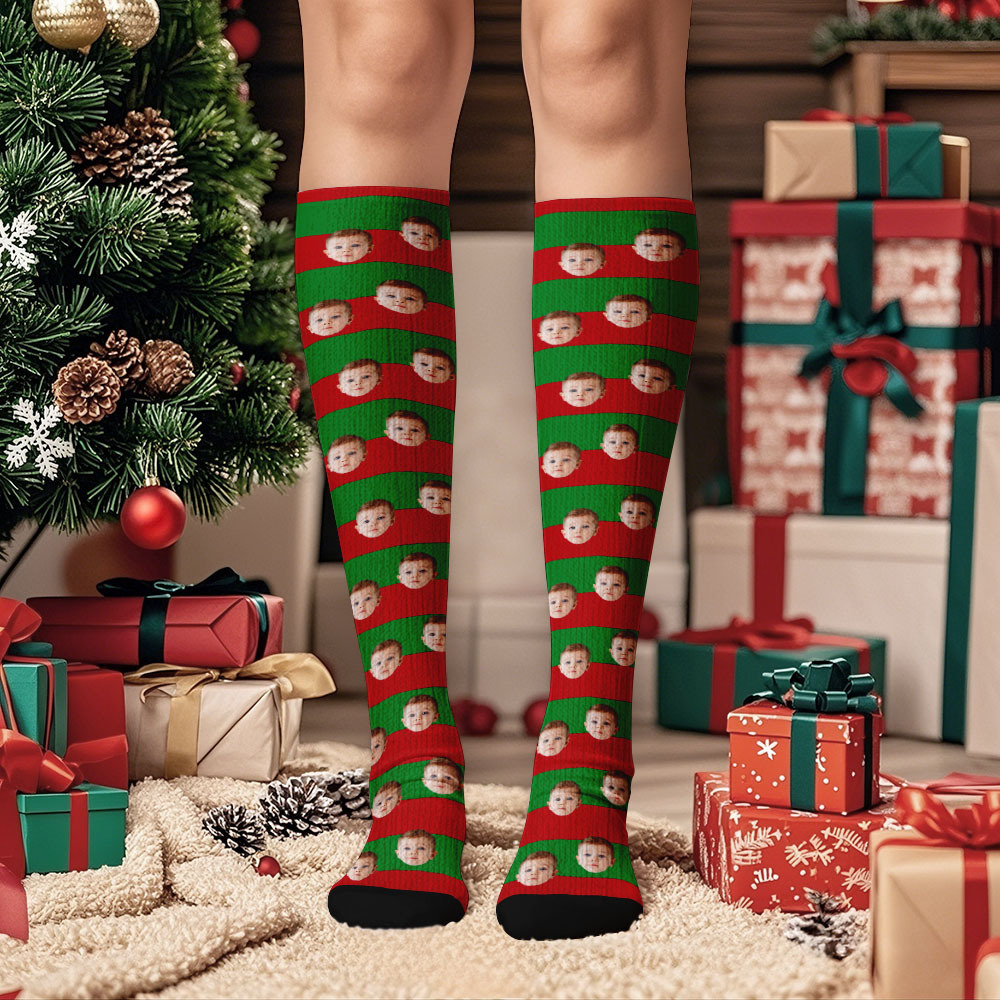 Custom Face Knee High Socks Personalized Socks Merry Christmas - MyPhotoSocksAu