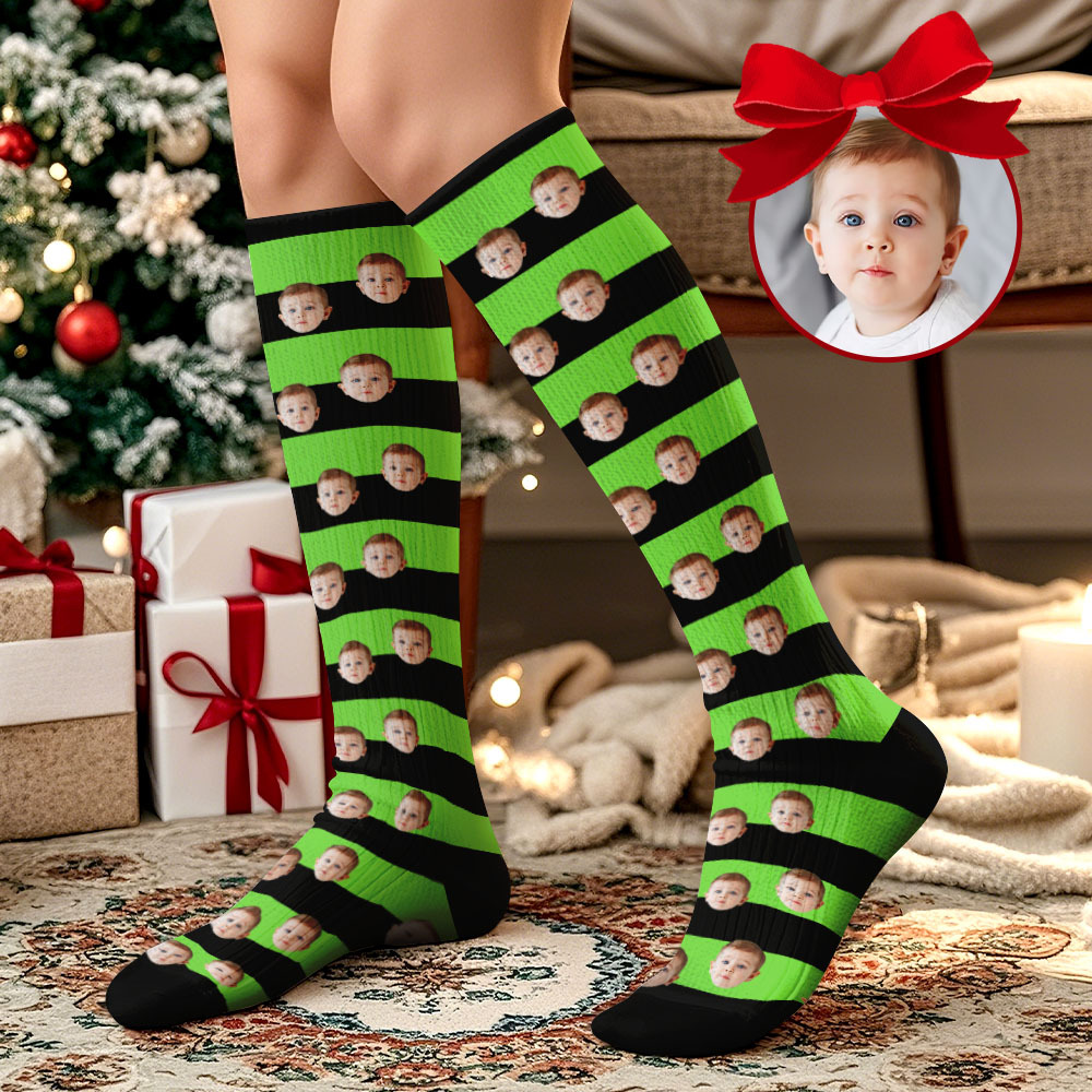Custom Face Knee High Socks Personalized Socks Merry Christmas - MyPhotoSocksAu