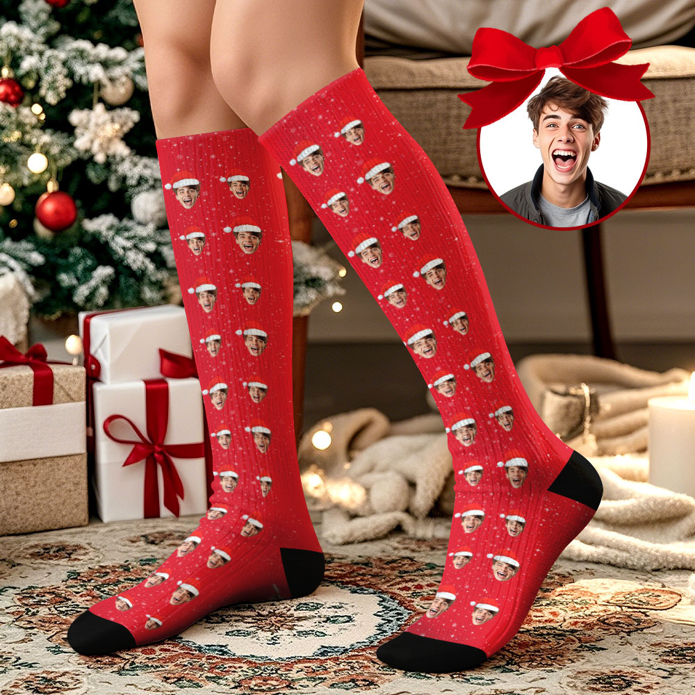 Christmas Gifts Custom Face Knee High Socks Personalized Xmas Socks Merry Christmas Blue - MyPhotoSocksAu