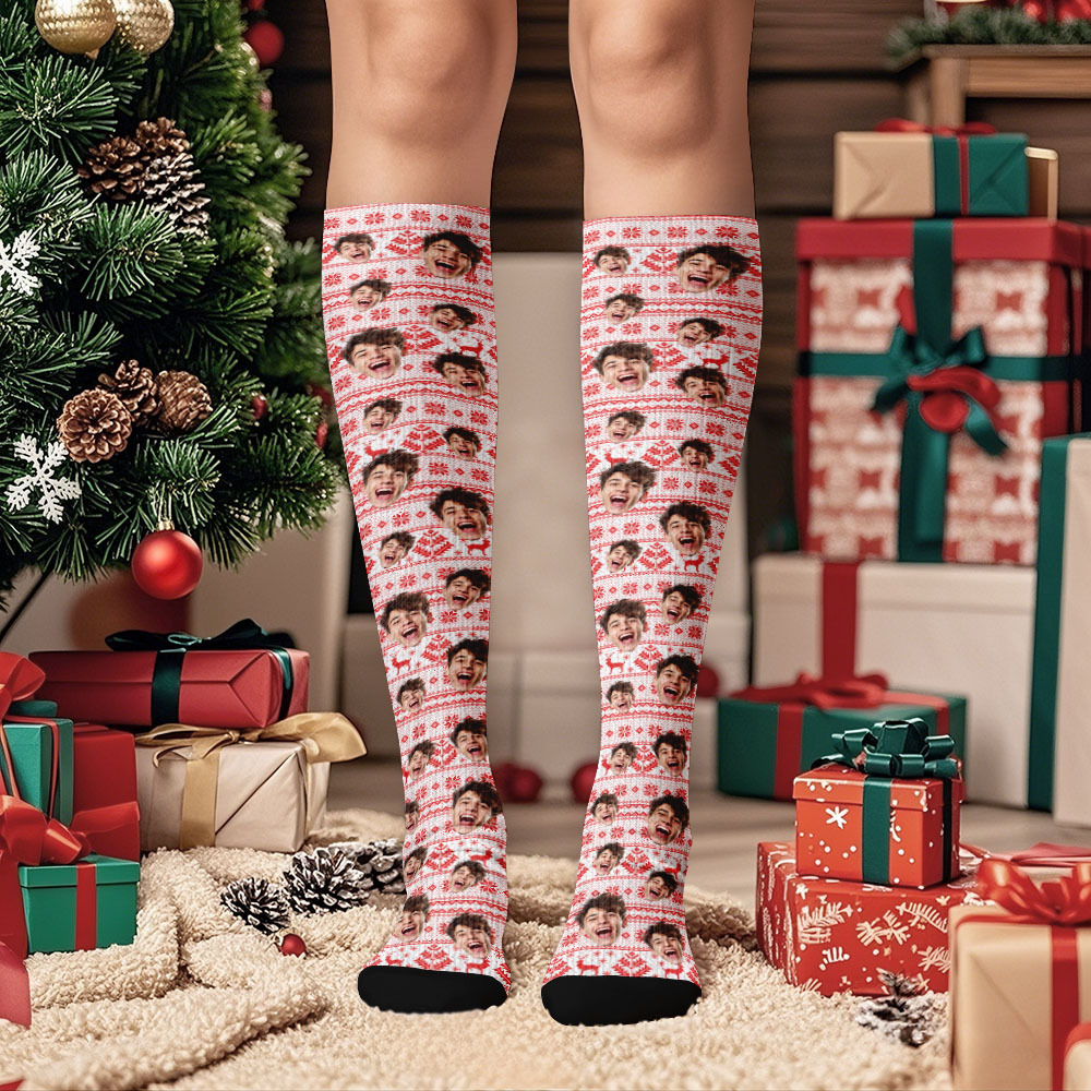 Christmas Gifts Custom Face Knee High Socks Personalized Xmas Socks Merry Christmas Heart - MyPhotoSocksAu