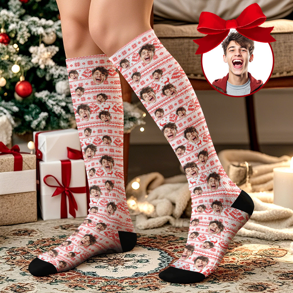 Christmas Gifts Custom Face Knee High Socks Personalized Xmas Socks Merry Christmas Heart - MyPhotoSocksAu