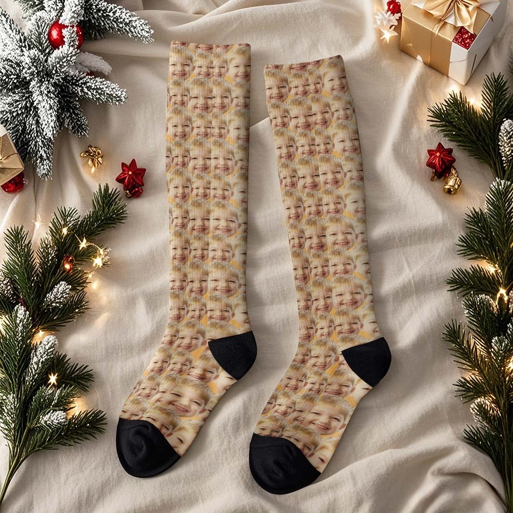 Christmas Gifts Custom Face Knee High Socks Personalized Xmas Socks Merry Christmas Heart - MyPhotoSocksAu