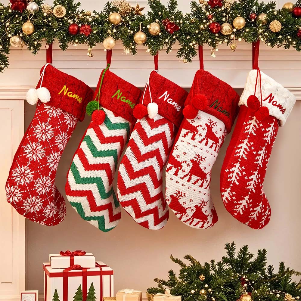 Custom Name Christmas Decoration Knitted Christmas Socks Christmas Gift Red and Green Stripes Socks - MyPhotoSocksAu