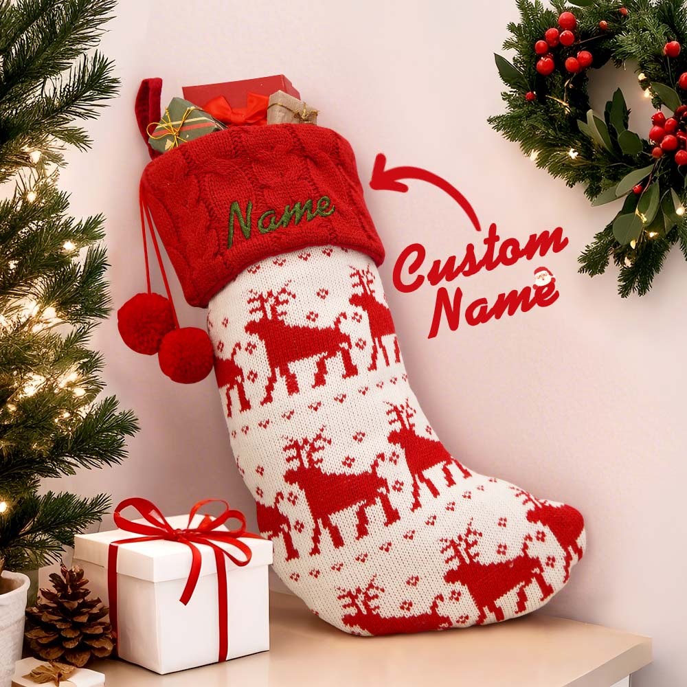 Custom Name Christmas Decoration Knitted Christmas Socks Christmas Red and White Stripes Socks - MyPhotoSocksAu