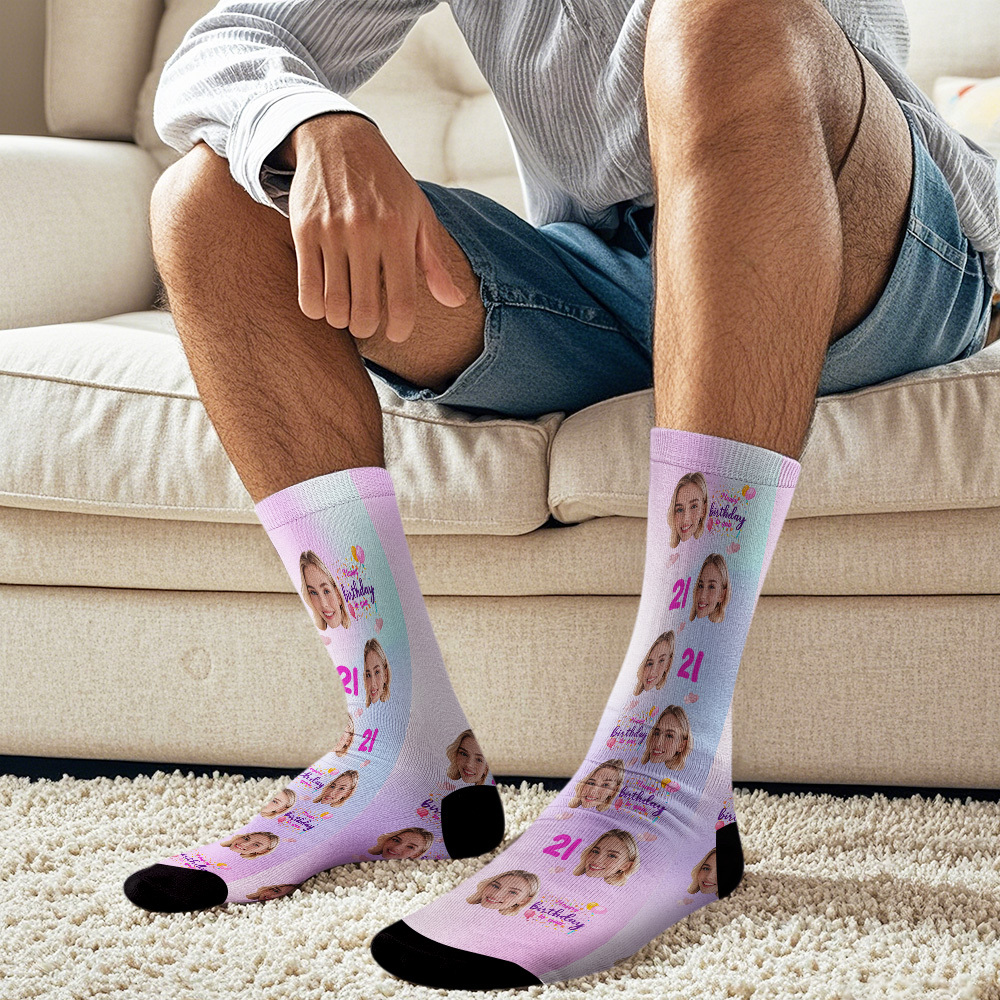 Custom Gradient Face Socks Age and Face Socks Birthday Gift Idea Happy Birthday To You - MyPhotoSocksAu